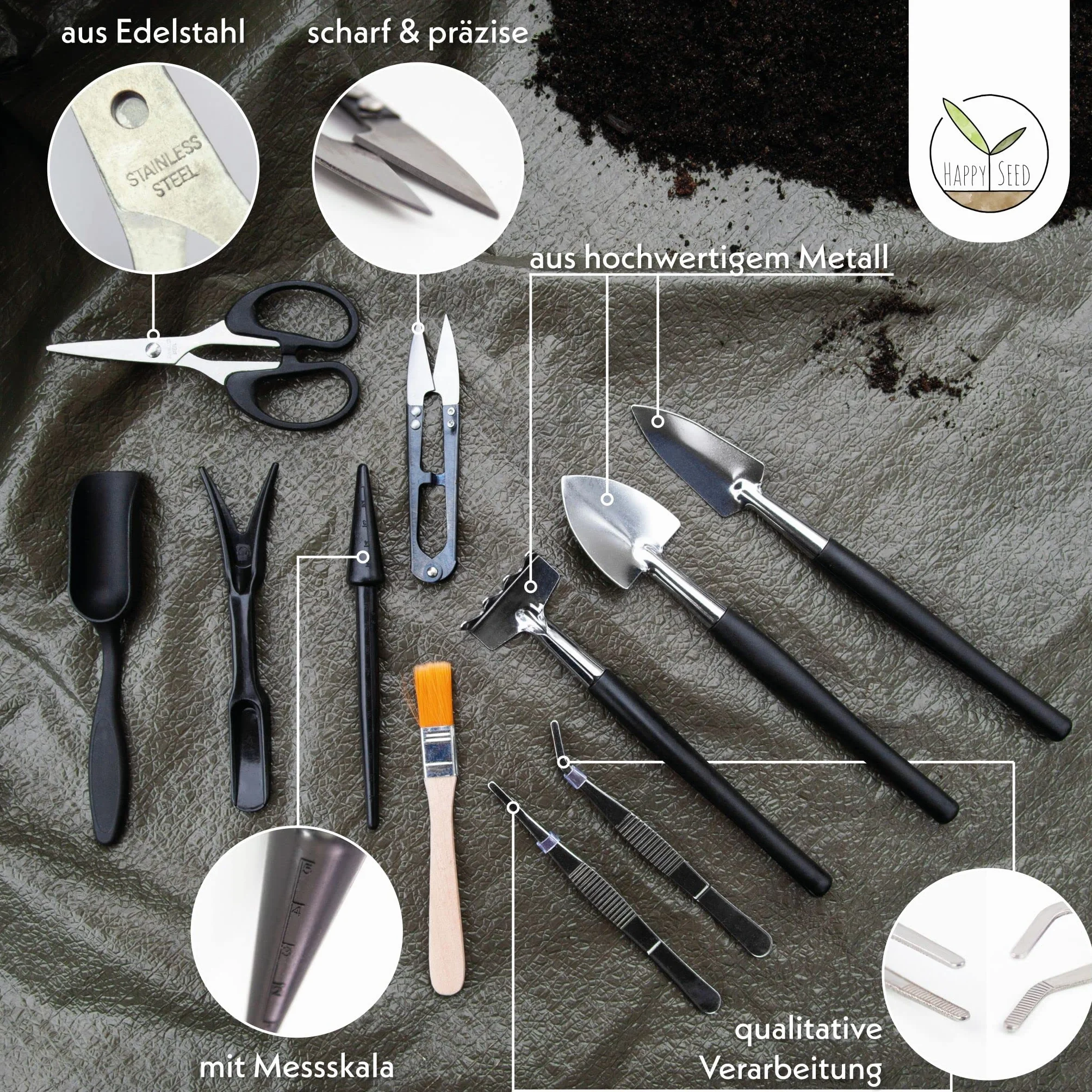 HappySeed Kit Bonsai Juego de Herramientas de 13 Piezas con práctica Bolsa - Mini Herramientas jardineria para Plantas de Interior y un Cultivo Profesional de bonsái