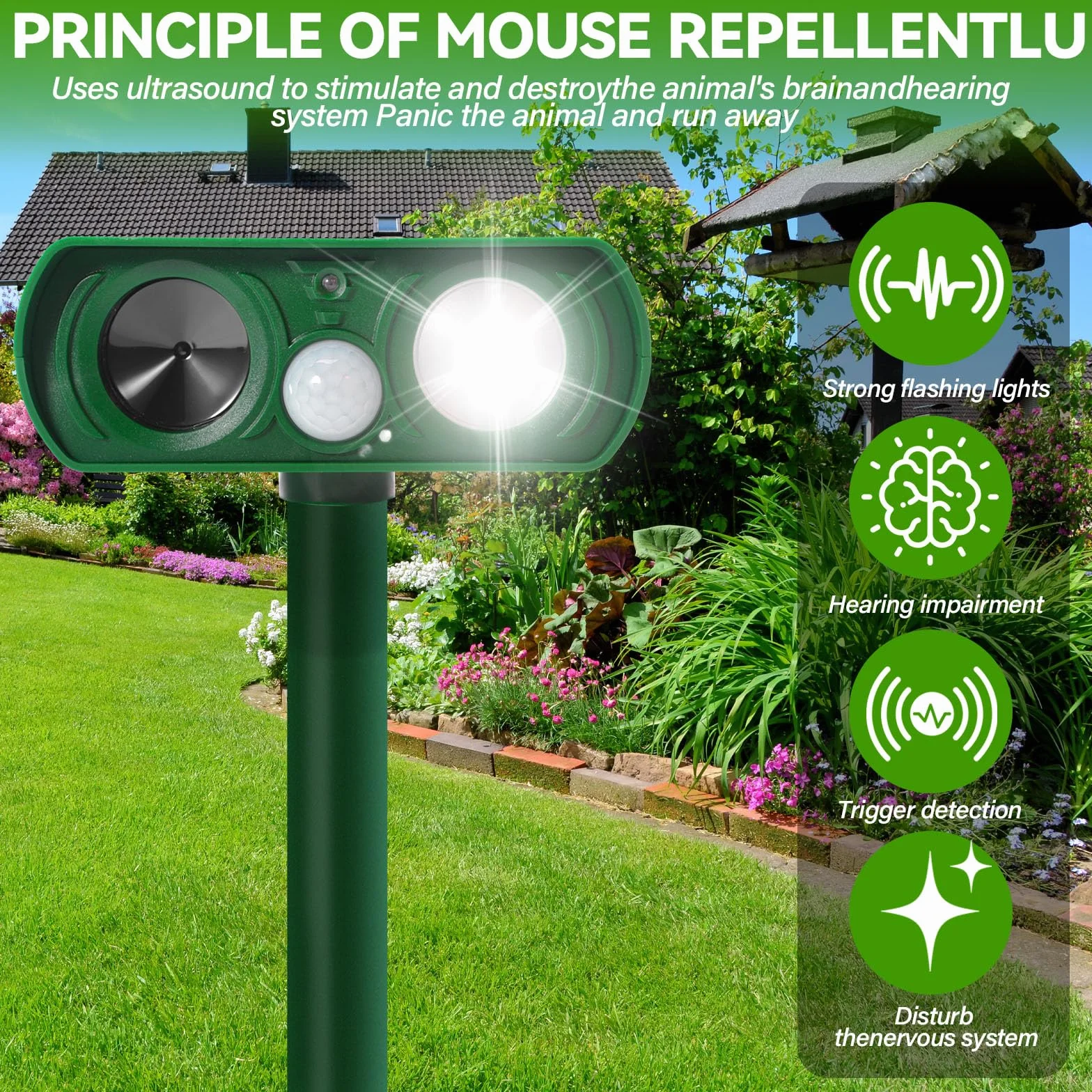Repelente para Gatos Exterior, Ultrasónico Ahuyentador de Perros, Palomas, Pájaros, Perros, Ratones, Zorros, Disuasión Solar IPX4 Impermeable con LED Intermitentes