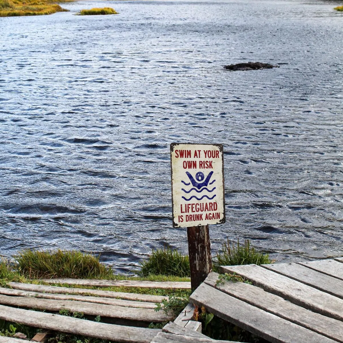 Letreros de metal con texto en inglés "SWIM AT YOUR OWN RISK" (2466)