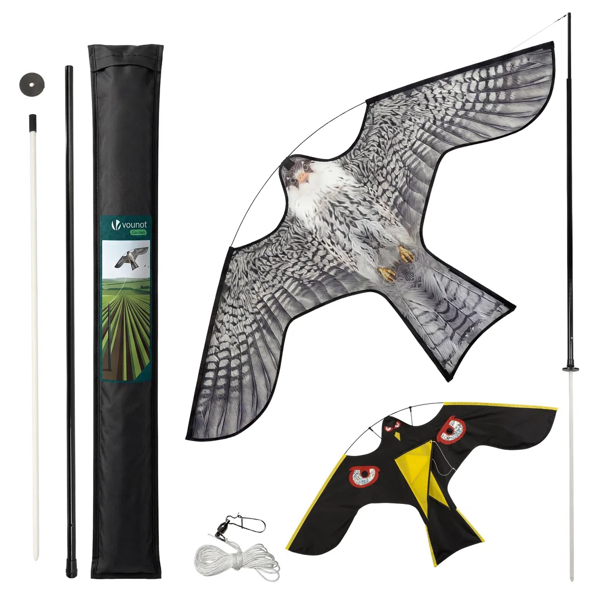 VOUNOT® Espantapájaros Cometa Voladora Cultivos Protector de Aves Halcón Ahuyentador Aves Palomas para Exterior Jardín Patio Granja Huerto Repelente Visual Pájaros con Poste Telesc. 4m y 2 Cometas A&G