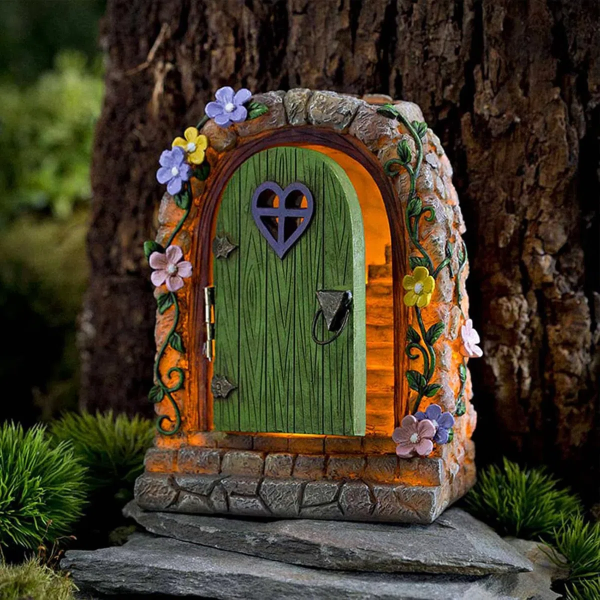 Puerta de Hadas para Jardín, Decoración de Árbol de Hadas, Escultura de Jardín de Patio con Energía Solar, Pintada a Mano, Resina de, Verde, Mágica, Retro, Exterior e Interior