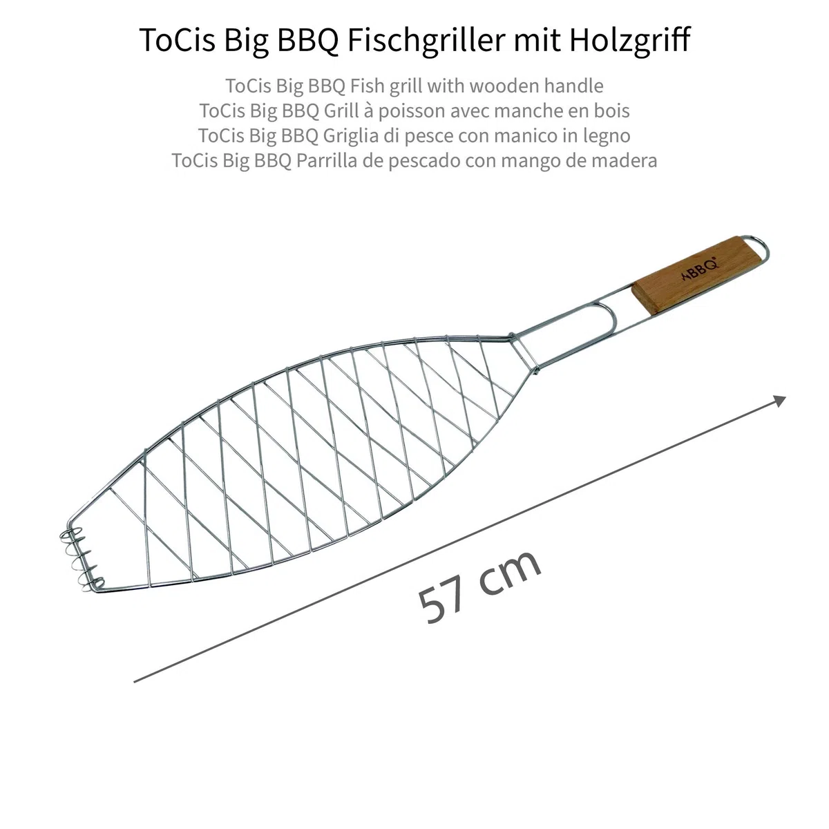 Para freír pescado | para pescado a la parrilla y espátula para pescado, soporte cesta | accesorios de barbacoa de ToCis Big BBQ, Silber mit Holzgriff (57x13 cm)