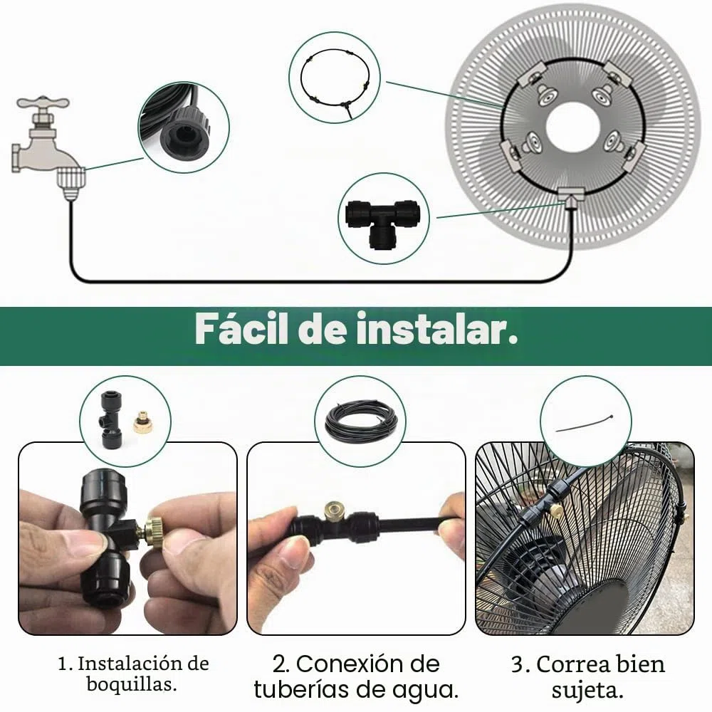 Kit de neblina de ventilador, kit de nebulización de ventiladores de refrigeración para exteriores con línea de nebulización de 3 m y 5 boquillas de latón y válvula de control de agua para