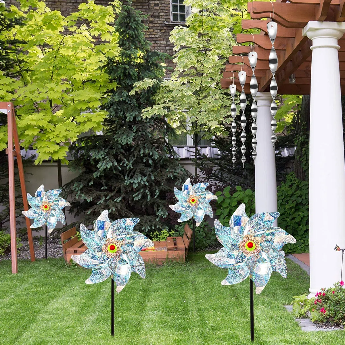 Paquete de 10 molinillos de viento reflectantes repelentes de pájaros, dispositivo disuasorio de pájaros, giratorio plateado brillante para mantener a los pájaros lejos de tu casa, ventana, jardín,