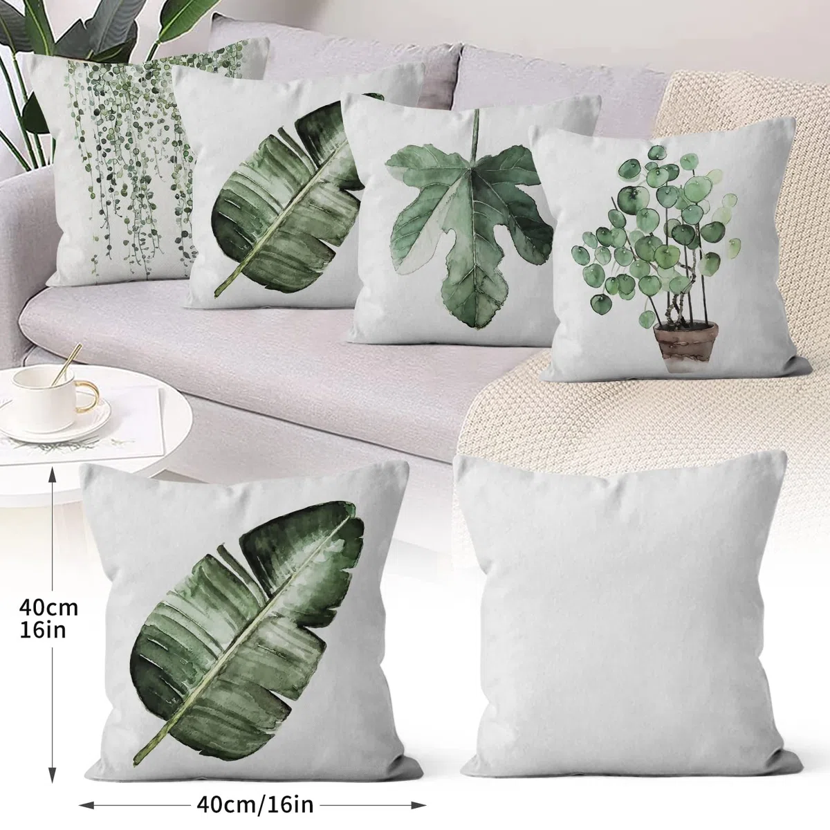 Funda de Cojín Verde 40x40 Juego de 4, Acuarela Hojas de Eucalipto Planta Botánica Fundas de Cojín Decorativas Funda de Cojín Cuadrada de Lino para Sofá Jardín Exterior Decoración del Hogar