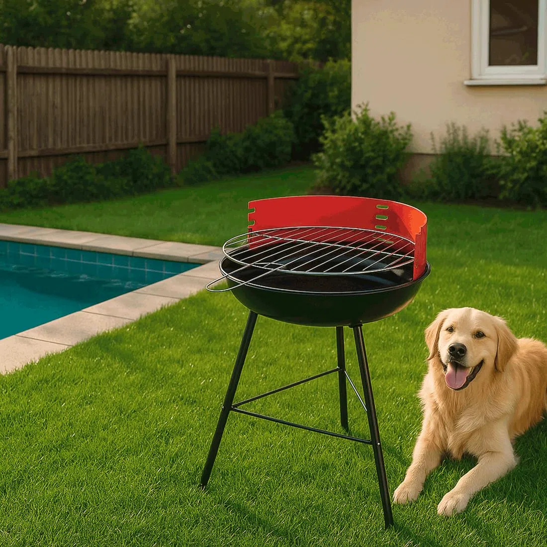Acomoda Textil – Barbacoa de Carbon con Parrilla Redonda y Estructura de Acero, Ligera y Portatil. Asador 33x56 cm Ideal para Jardin, Camping o Terraza de Facil de Limpieza.