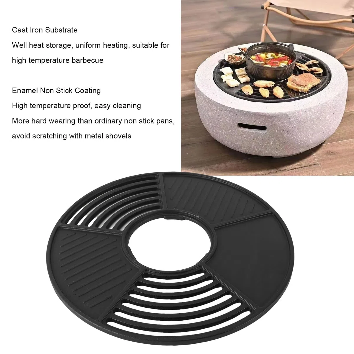 Generic Parrilla Redonda De Hierro Fundido De 42 Cm, Parrillas De Cocina Combo De Plancha Parrilla De Carbón Antiadherente Placa De Sartén Para Barbacoa Reemplazo Para Picnics Para Acampar Al Aire