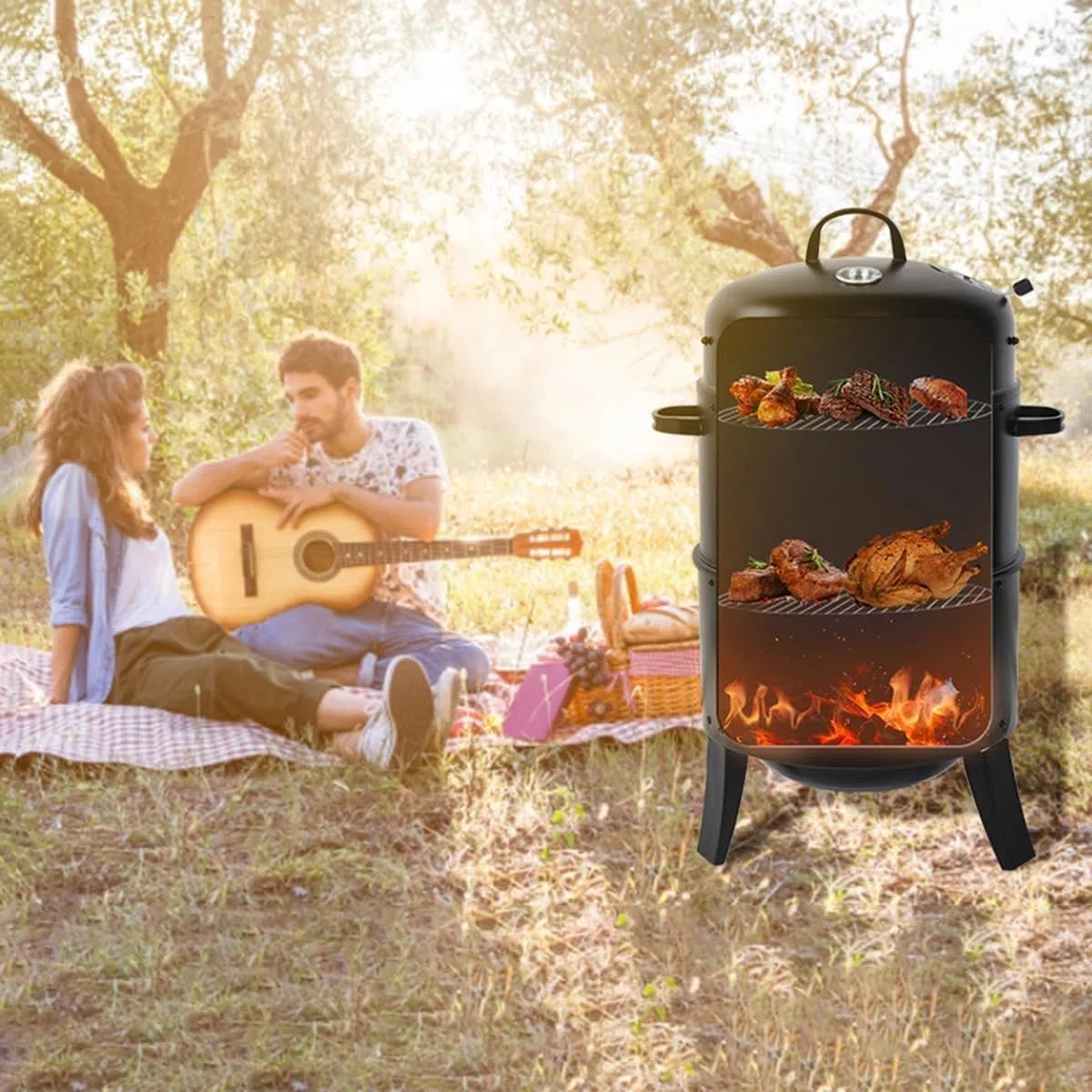 Parrilla ahumadora de carbón, ahumador de barbacoa de acero resistente con control de temperatura, ahumador redondo portátil para carne, pescado y verduras