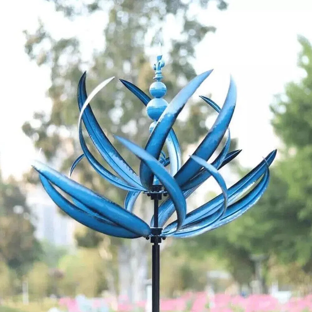 Molinillo de viento giratorio de metal con estacas de jardín, molino de viento de hierro para decoración de césped y jardín, molinillo de viento de jardín, esculturas de jardín de metal (azul)