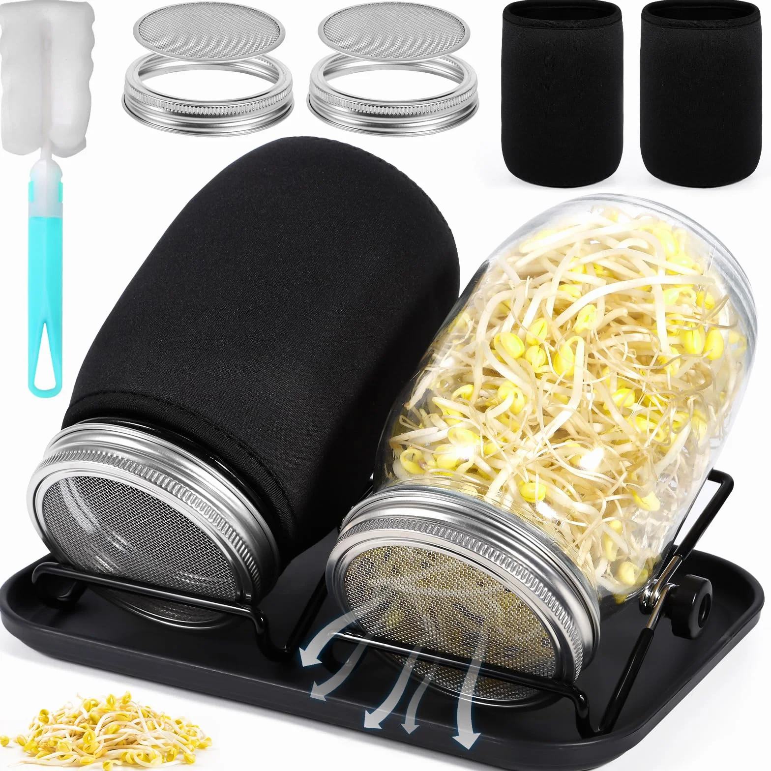 MOYKSRR Kit de Tarros de Germinación, Kit de Brote de Semilla con 2 1000ml Frascos de Vidrio, 2 Soporte, 1 Bandeja,2 Filtros de Acero Inoxidable, 2 Tela de Sombreado y Cepillo, para Cría de Brotes
