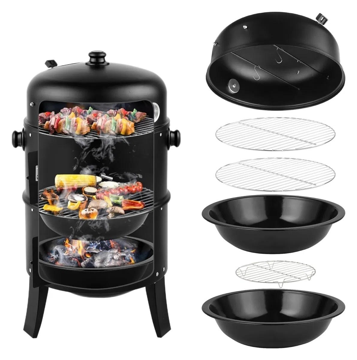 Parrilla de barbacoa portátil 3 en 1, ahumador vertical de 32 pulgadas para exteriores con termómetro integrado y ganchos, parrillas de carbón con ahumador de carne, combo para cocinar al aire libre,
