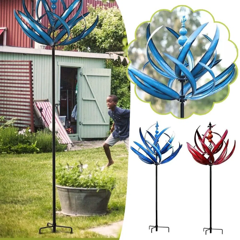 Molinillo de viento giratorio de metal con estacas de jardín, molino de viento de hierro para decoración de césped y jardín, molinillo de viento de jardín, esculturas de jardín de metal (azul)