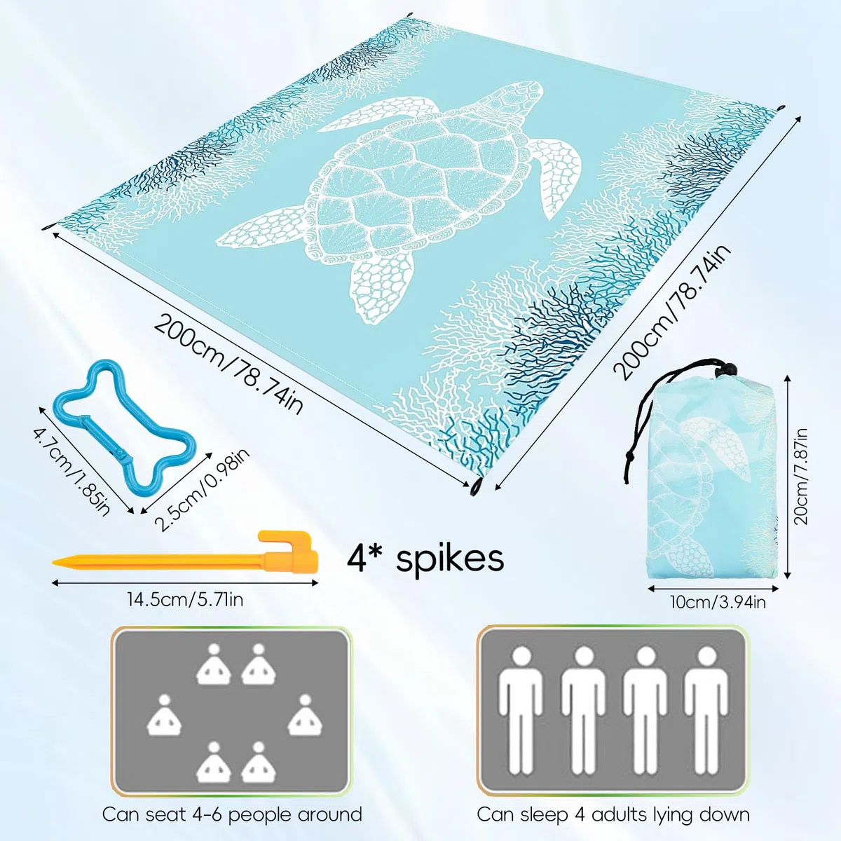 Manta de Playa 200 x 200cm, Manta para Pícnic con 4 Estacas, Gancho y Bolsa de Almacenamiento, Alfombra de Playa Impermeable y Antiarena, Portátil para Playa, Camping, Picnic (Tortuga-A)