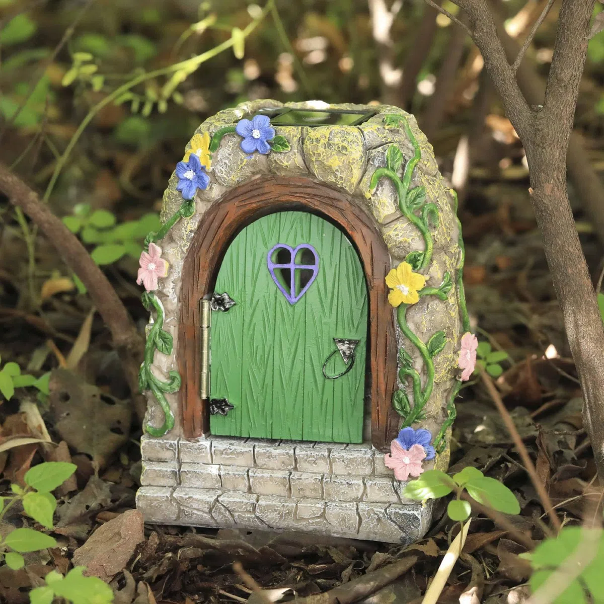Puerta de Hadas para Jardín, Decoración de Árbol de Hadas, Escultura de Jardín de Patio con Energía Solar, Pintada a Mano, Resina de, Verde, Mágica, Retro, Exterior e Interior
