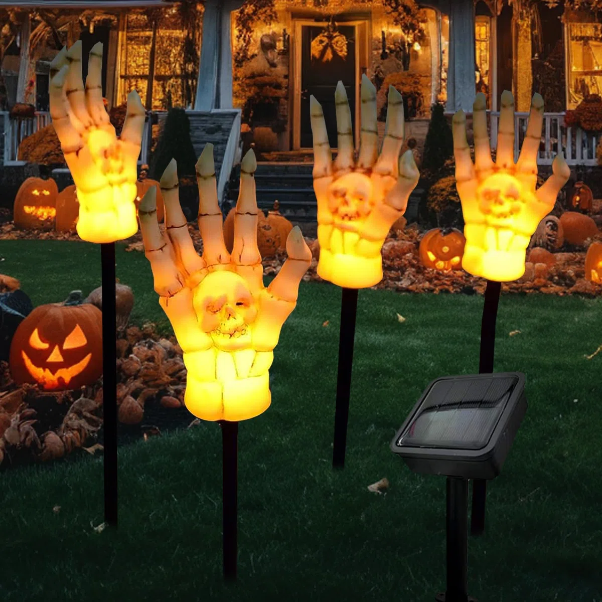 Manos de Esqueleto,Decoración Halloween,Estacas de Brazo de Esqueleto Iluminadas,Luces Solares para Jardín Exterior,Decoraciones de Halloween,para Jardín al Aire Libre Casa y Exterior