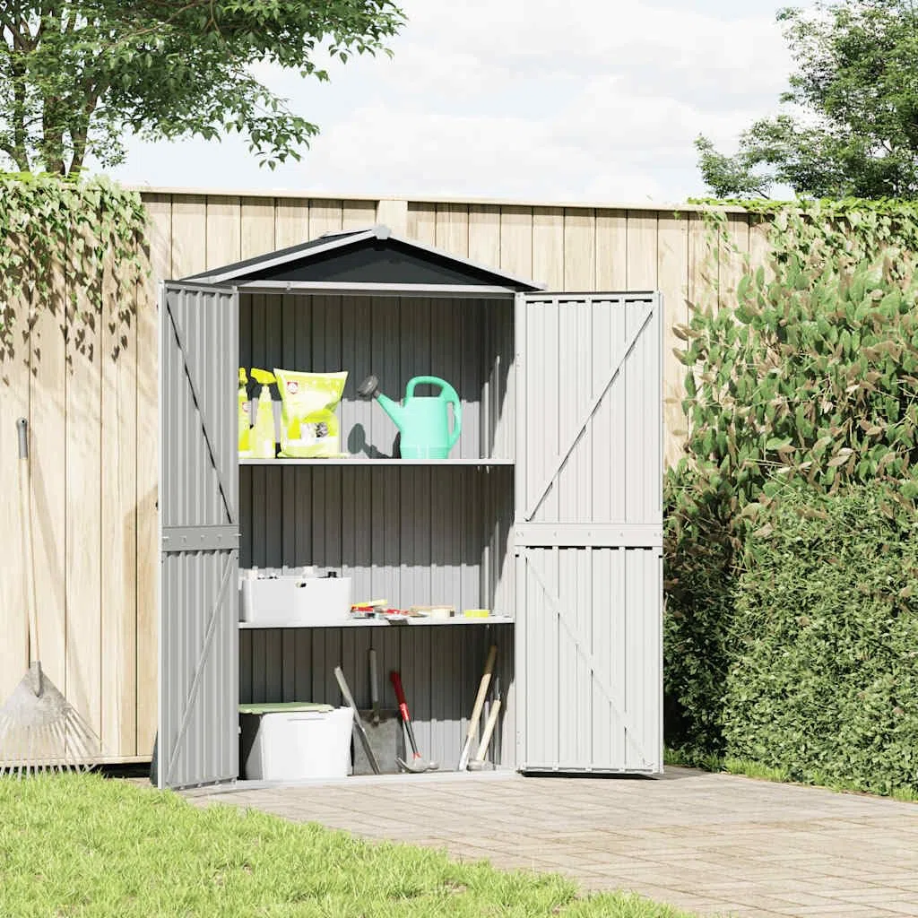 Caseta de jardín de acero galvanizado antracita 116 x 45 x 175 cm, cobertizo de almacenamiento exterior con estantes, puertas de doble abertura y orificios de ventilación para reducir