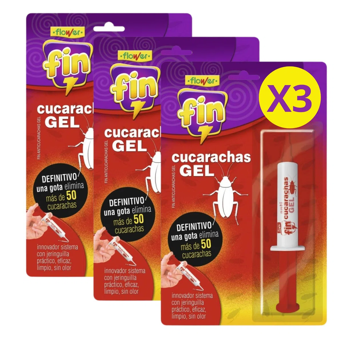 FLOWER x 3 Insecticida Anti Cucarachas Formato Jeringa 10 gr | Jeringuilla Anticucarachas Eficaz Elimina y Mata Cucaracha | Gel Atrayante y Duradero | Interior y Exterior | Aplicación Fácil y Segura