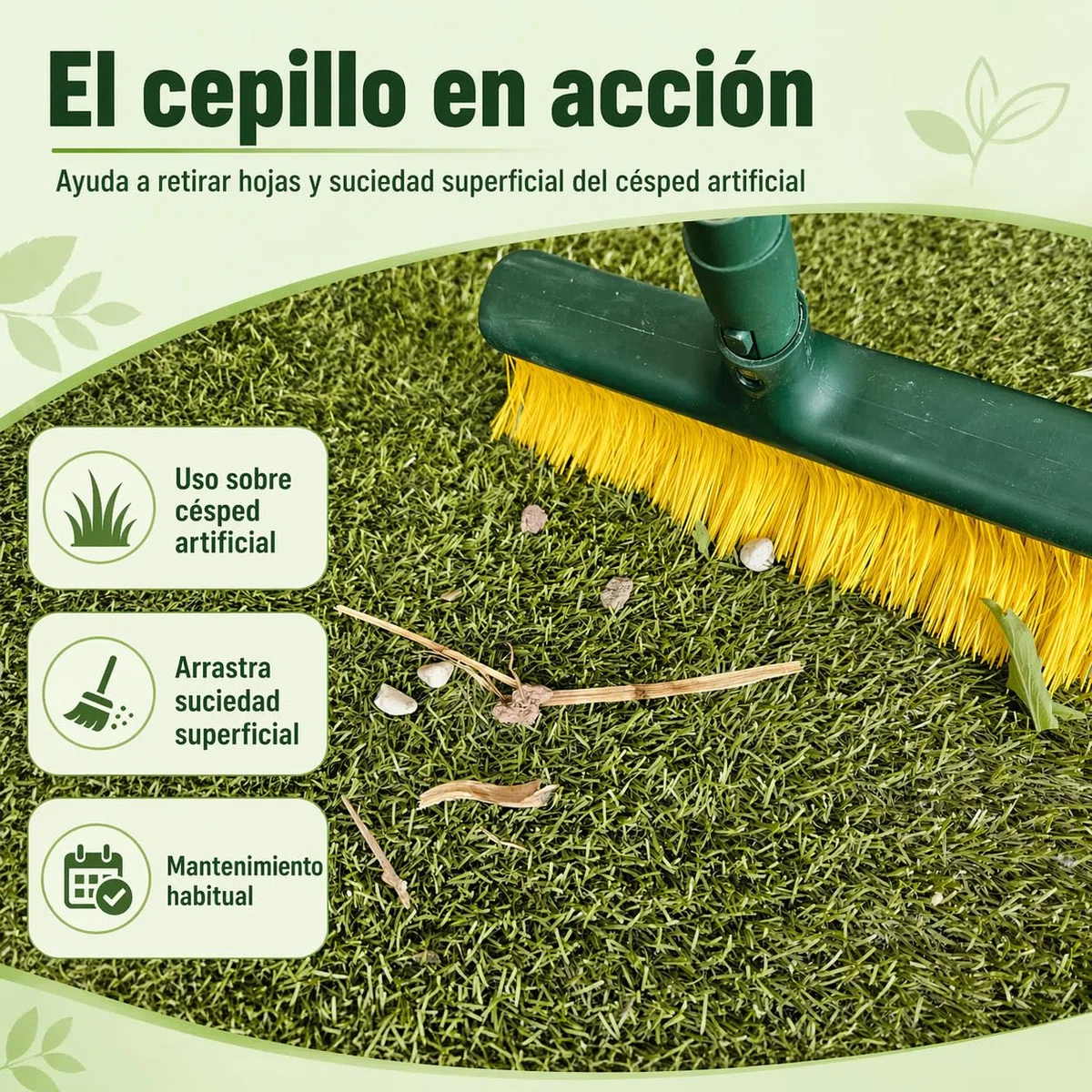 Cepillo para Césped Artificial con Mango Desmontable por Click – Cepillo Manual para Peinar, Limpiar y Levantar Fibras del Césped Sintético