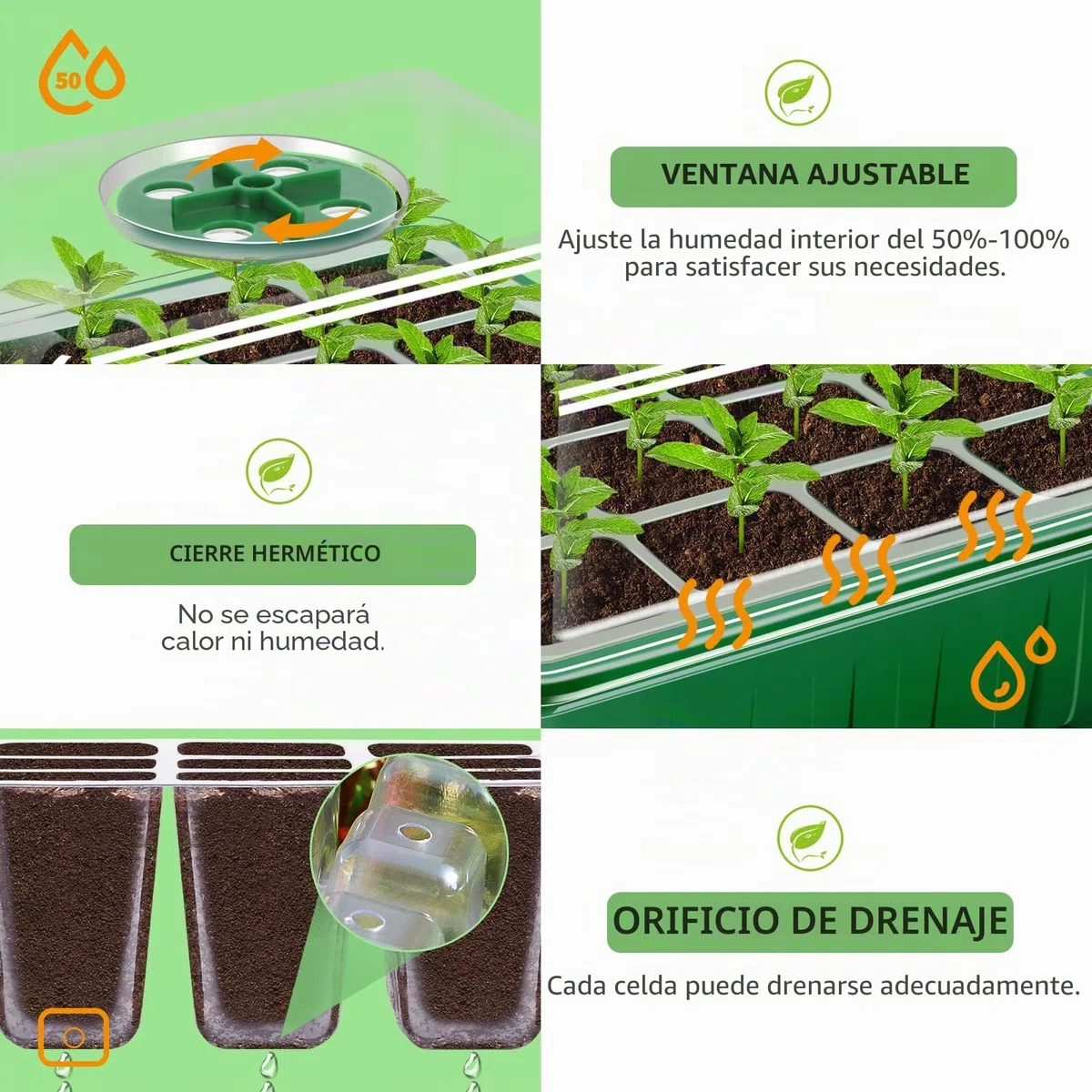 YAUNGEL Bandejas Semilleros, 6Pcs 72 Agujeros Mini Invernadero Germinador de Semillas, Bandeja de Cultivo con Tapa Ventilación y Ventana Ajustable para Plantas Desemillero, Verde