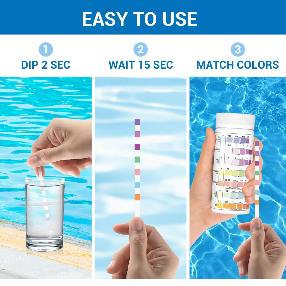 Tiras de prueba de piscina 7 en 1 para spa | Kit de prueba de agua rápido y preciso de 150 tiras, bromo, alcalinidad total, pH, cloro libre, dureza total, ácido cianúrico y cloro total tiras de prueba