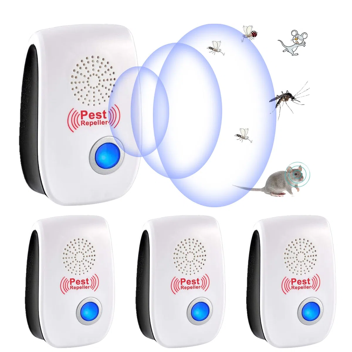 Repelente Ultrasónico de Plagas, 4 Pack Electrónico Repelente Mosquitos Control de Plagas, Repelente Ultrasónico Mosquitos para Anti Moscas, Ratones, Cucarachas, Arañas, Roedores