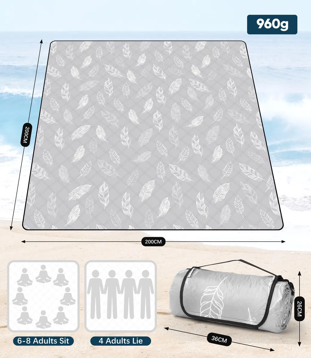 DEWUR Manta de picnic impermeable lavable, manta de playa, sin arena, XXL, manta de camping, playa aislada con parte inferior impermeable (200 x 200 cm, gris)