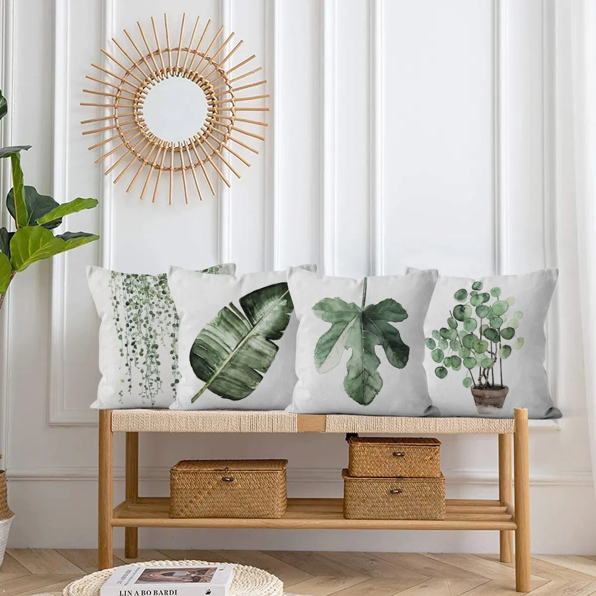 Funda de Cojín Verde 40x40 Juego de 4, Acuarela Hojas de Eucalipto Planta Botánica Fundas de Cojín Decorativas Funda de Cojín Cuadrada de Lino para Sofá Jardín Exterior Decoración del Hogar