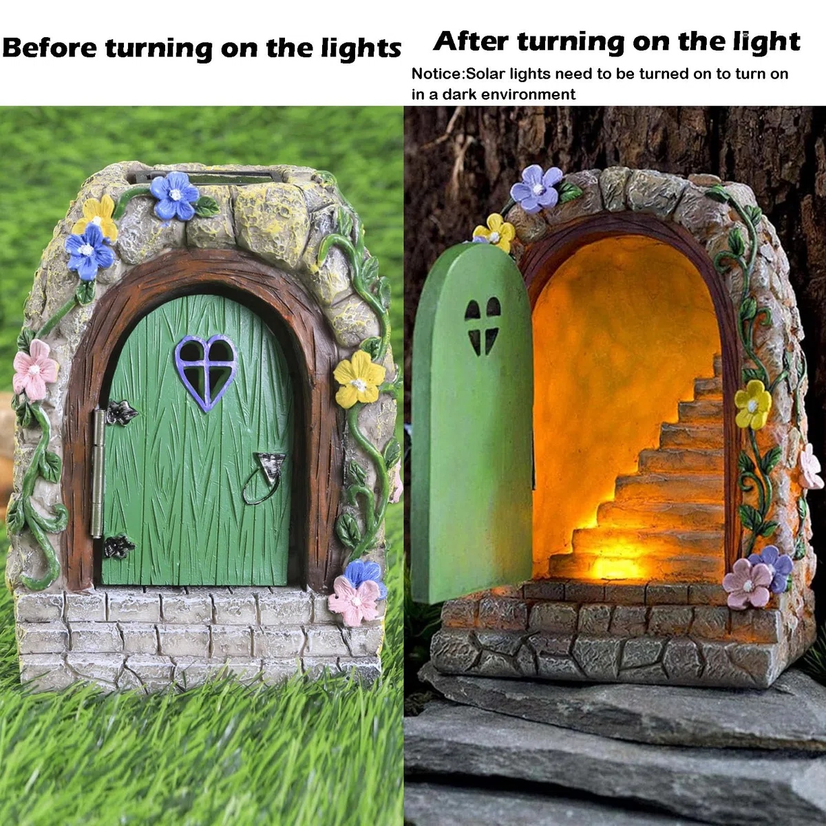 Puerta de Hadas para Jardín, Decoración de Árbol de Hadas, Escultura de Jardín de Patio con Energía Solar, Pintada a Mano, Resina de, Verde, Mágica, Retro, Exterior e Interior