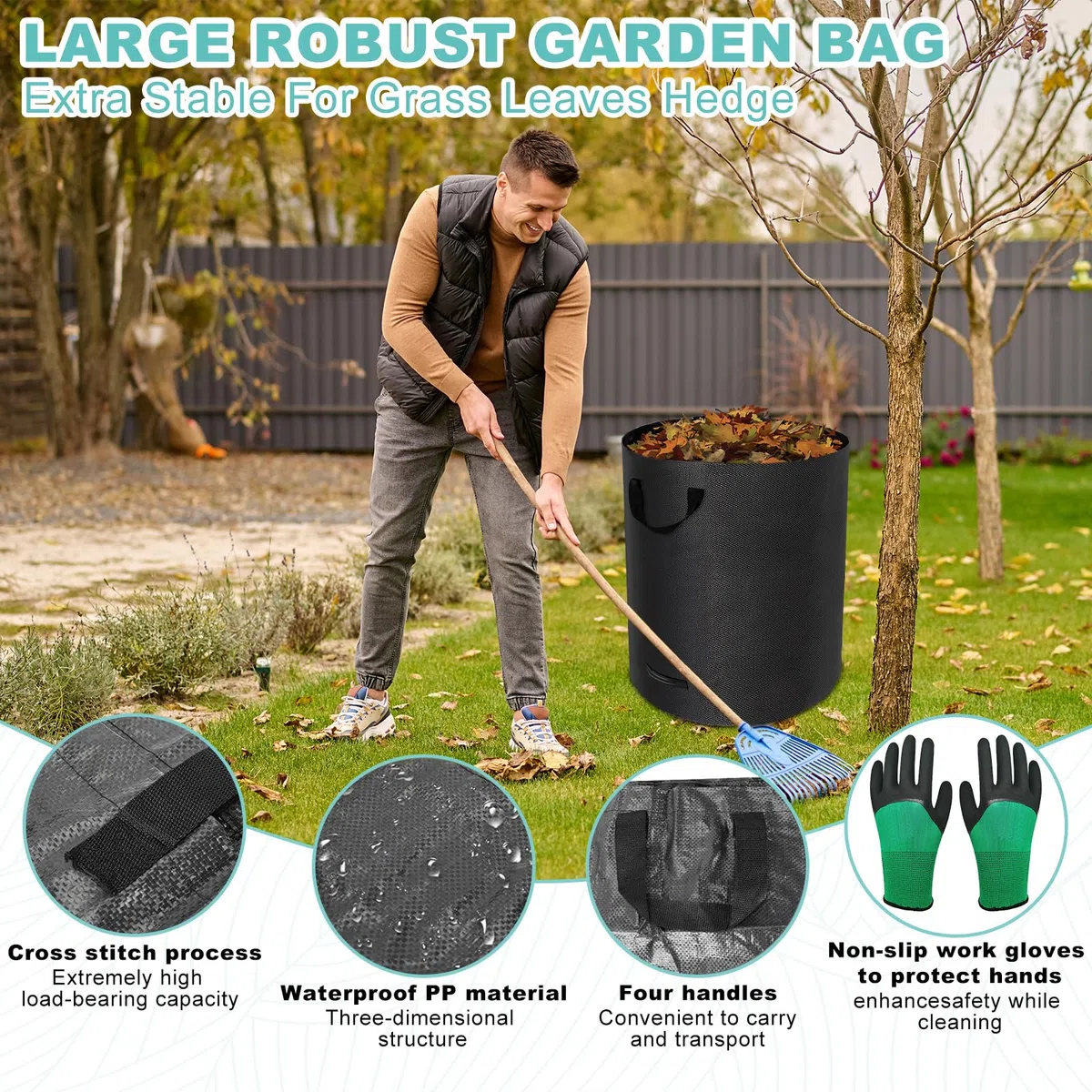 Jardineria de Sacos, 4 x 272L Jardim Sacos, Incl Guantes, 4 Asas, Impermeables, Bolsas para Hojas Plegables, Plegables y Reutilizables, para Hojas, Maleza, Basura