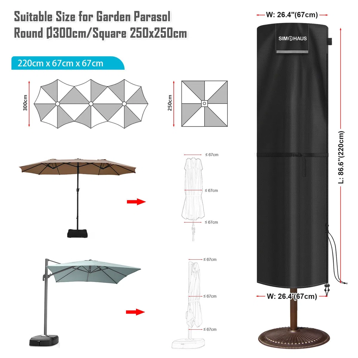 Funda Ducha Solar Exterior Funda Impermeable para Sombrilla de Jardín Fundas para Parasol de 3 Metros Fundas para Sombrilla Playa Cubierta de Ducha Solar Anti UV 420D Tela Oxford 220x67/67cm