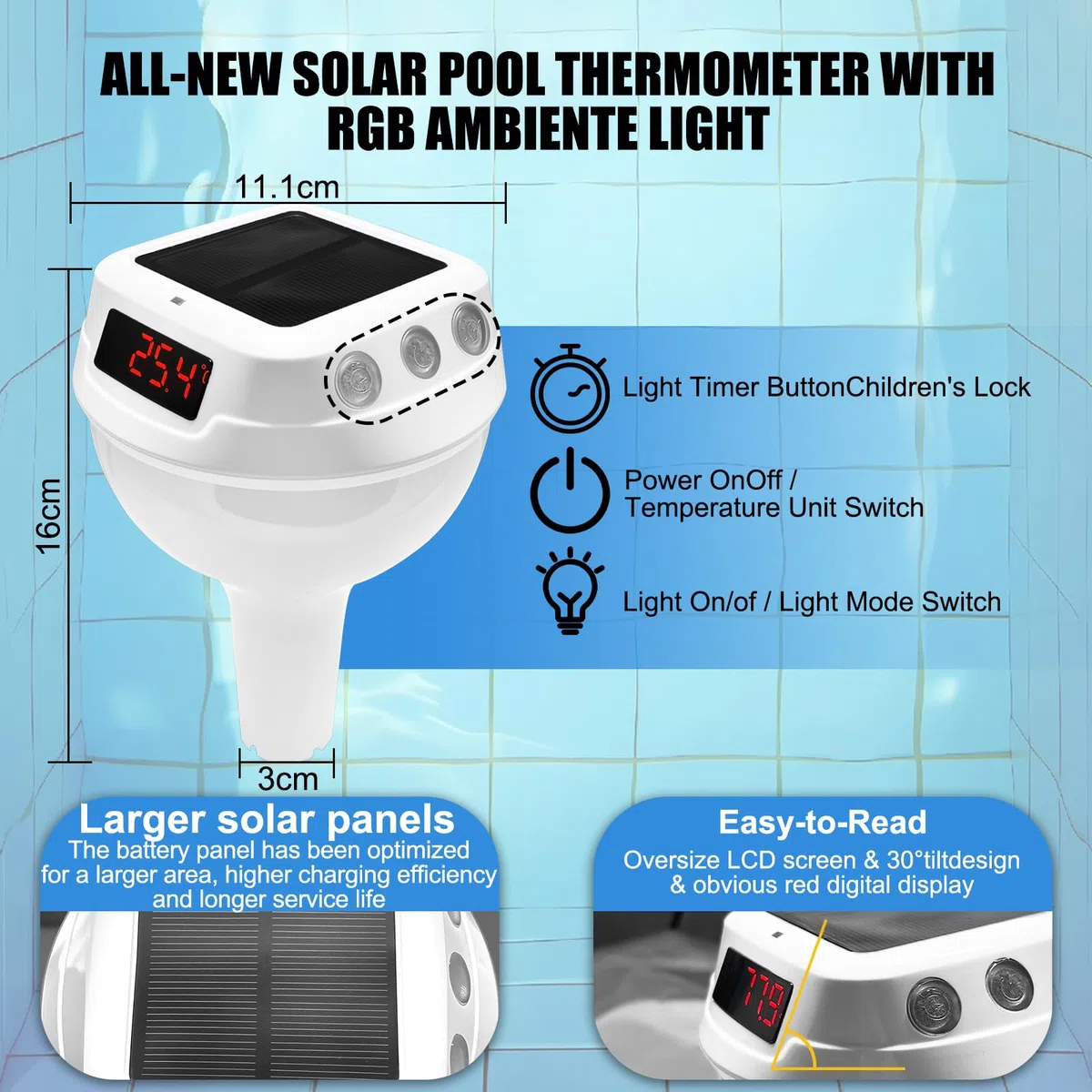 Homcocie Termómetro Piscina Solar con batería 2200 mAh y puerto tipo C, Termómetro Flotante a prueba agua IP68 con cuerda remolque, luz ambiental RGB, monitoreo preciso de temperatura agua
