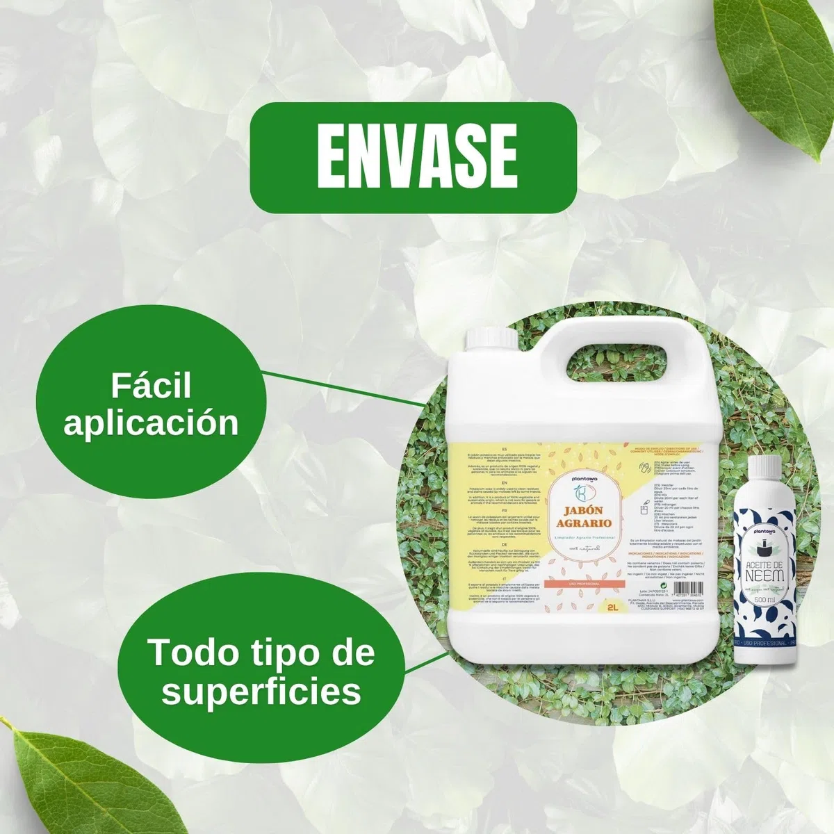 PLANTAWA Pack Jabón Potásico 2L + Aceite de Neem 500ml | Solución Multiusos | Fácil Aplicación y Máxima Eficacia | Versátil | Uso en Interior y Exterior | Productos de origen natural