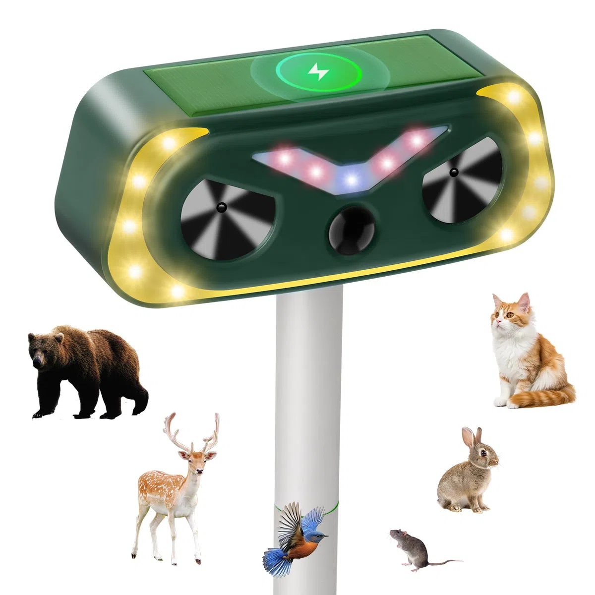 Repelente Gatos, Repelente Solar de Animales Ultrasónico con LED Intermitentes, Ahuyentador de Palomas, Pájaros, Perros, Ratones Interior y Exterior para Patio, Jardín, Granja