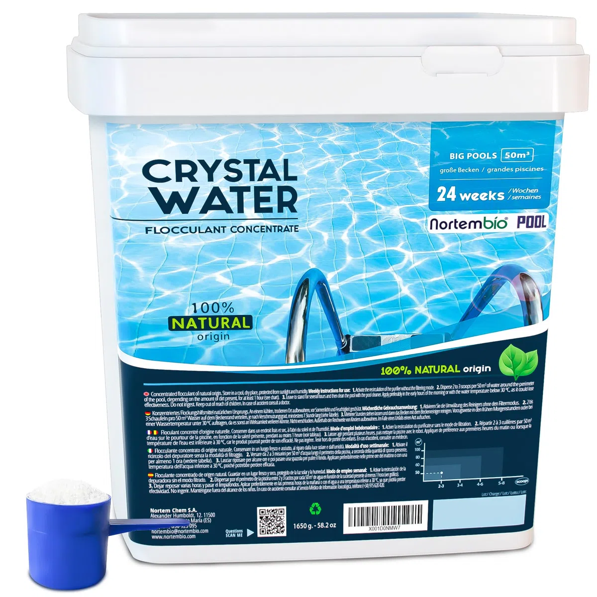 Nortembio Floculante Piscina Concentrado Clarificante Agua Turbia Piscina Grande y SPA 100% Natural Formato Ahorro Tratamiento 24 Semanas + Gratis eBook Usos y Consejos