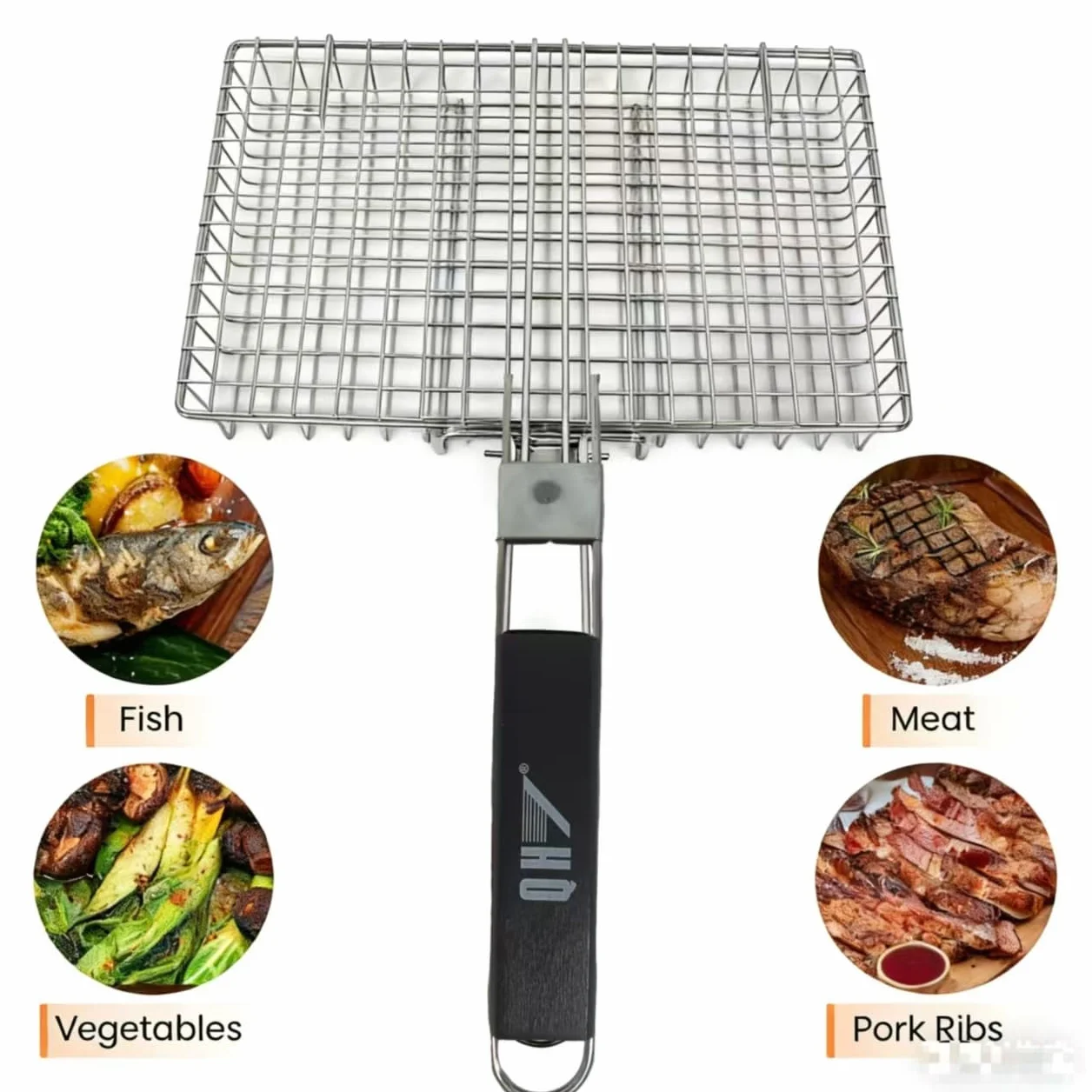 Cesta de Cocción de Acero Inoxidable para Barbacoa, Parrilla Plegable Portátil con Asa Extraíble, Malla Antiadherente para Pescado, Verduras, Gambas