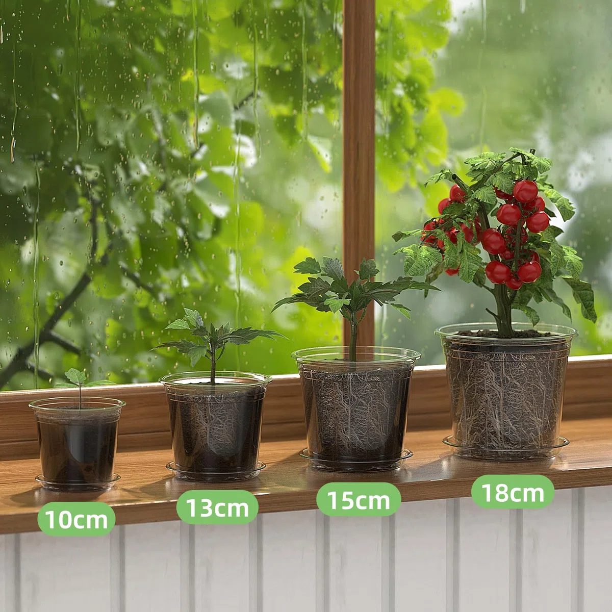 20 macetas de cultivo transparentes con posavasos, macetas de plástico con orificios de drenaje, ideales para interiores y exteriores (10/13/15/18 cm)