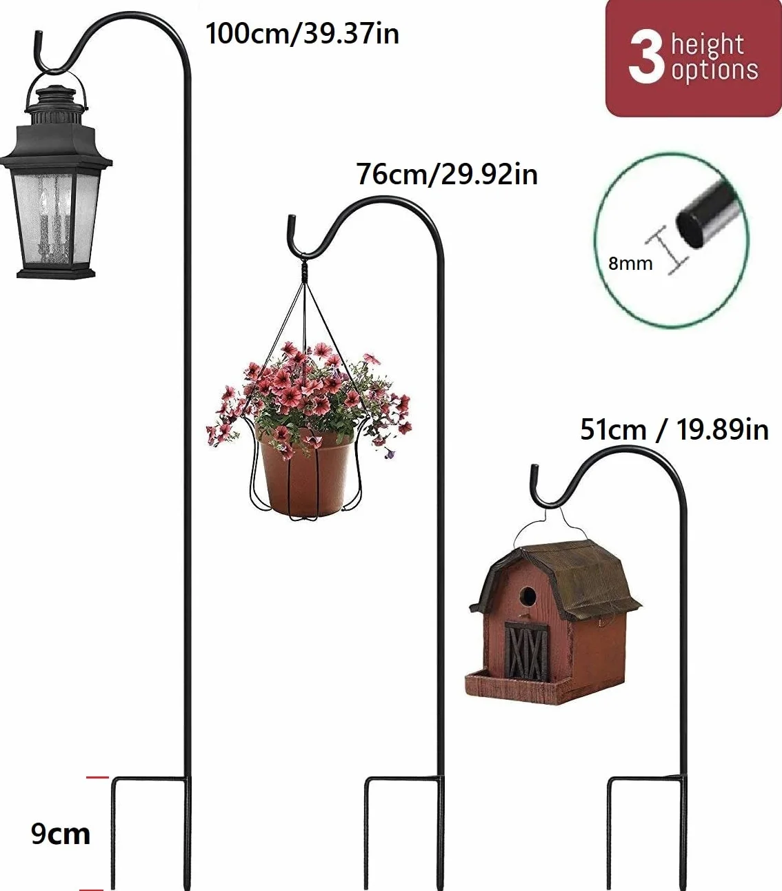2 Piezas Gancho de Pastor de 100 cm / 39 Pulgada de Metal para Jardín Estaca para Jaulas de Pájaros, Luces Solares, Linternas, Bodas, Cestas de Plantas - Negro