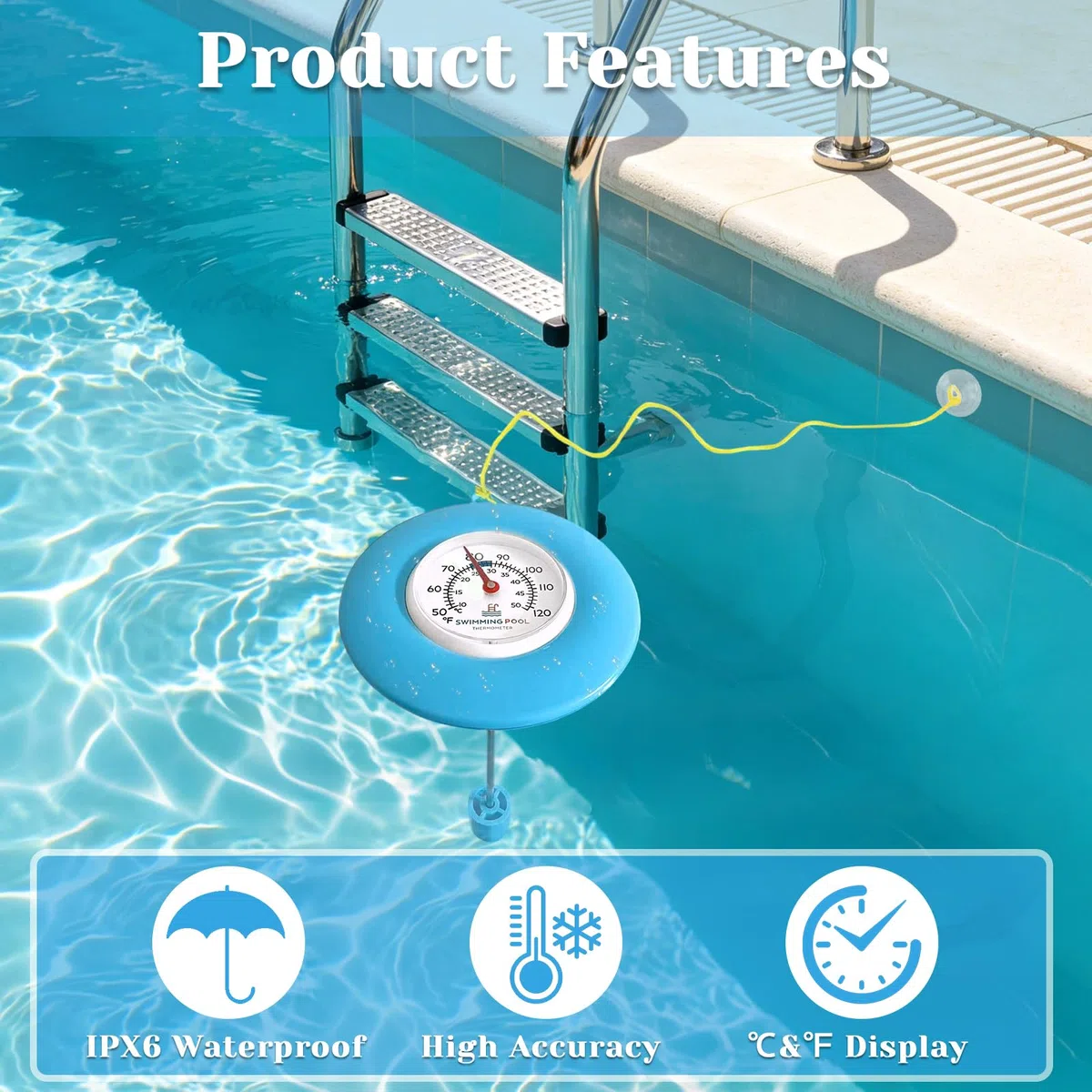 Termómetro Piscina Flotante, Termómetro Piscina de Agua, Termometro de Piscina Fácil de Leer, Termometro Agua, Resistente al Agua IPX6, Pool Thermometer para Piscina, Bañera, Spa, Estanqu, Acuari