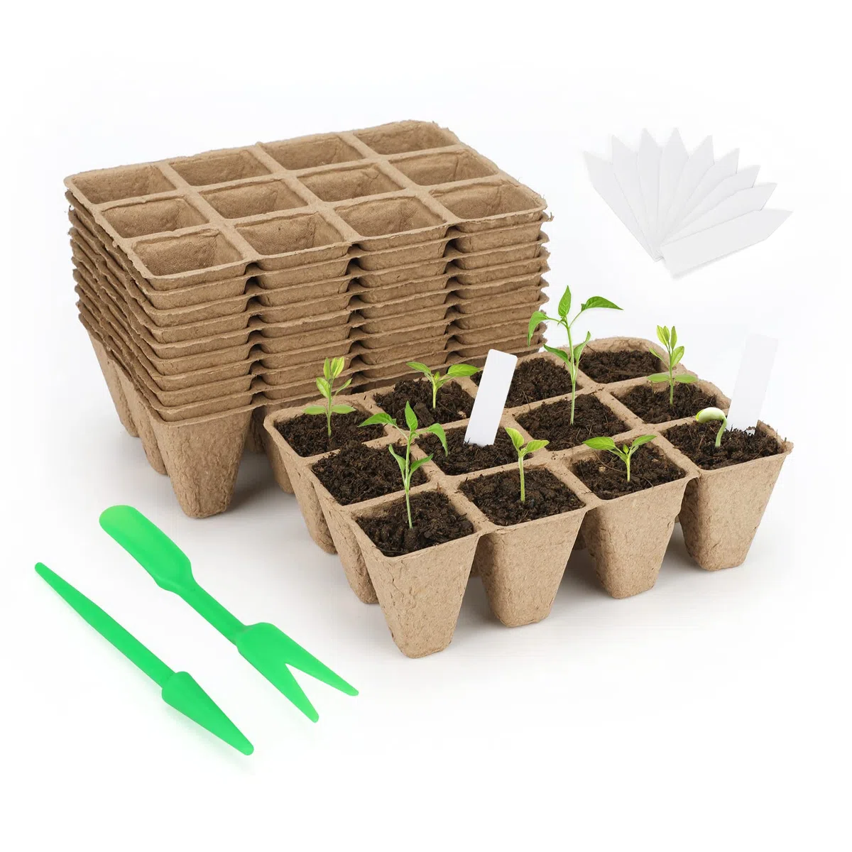 KINGLAKE 20 bandejas para Plantar semilleros biodegradables, con 100 Etiquetas de plástico para Plantas y Herramientas de trasplante