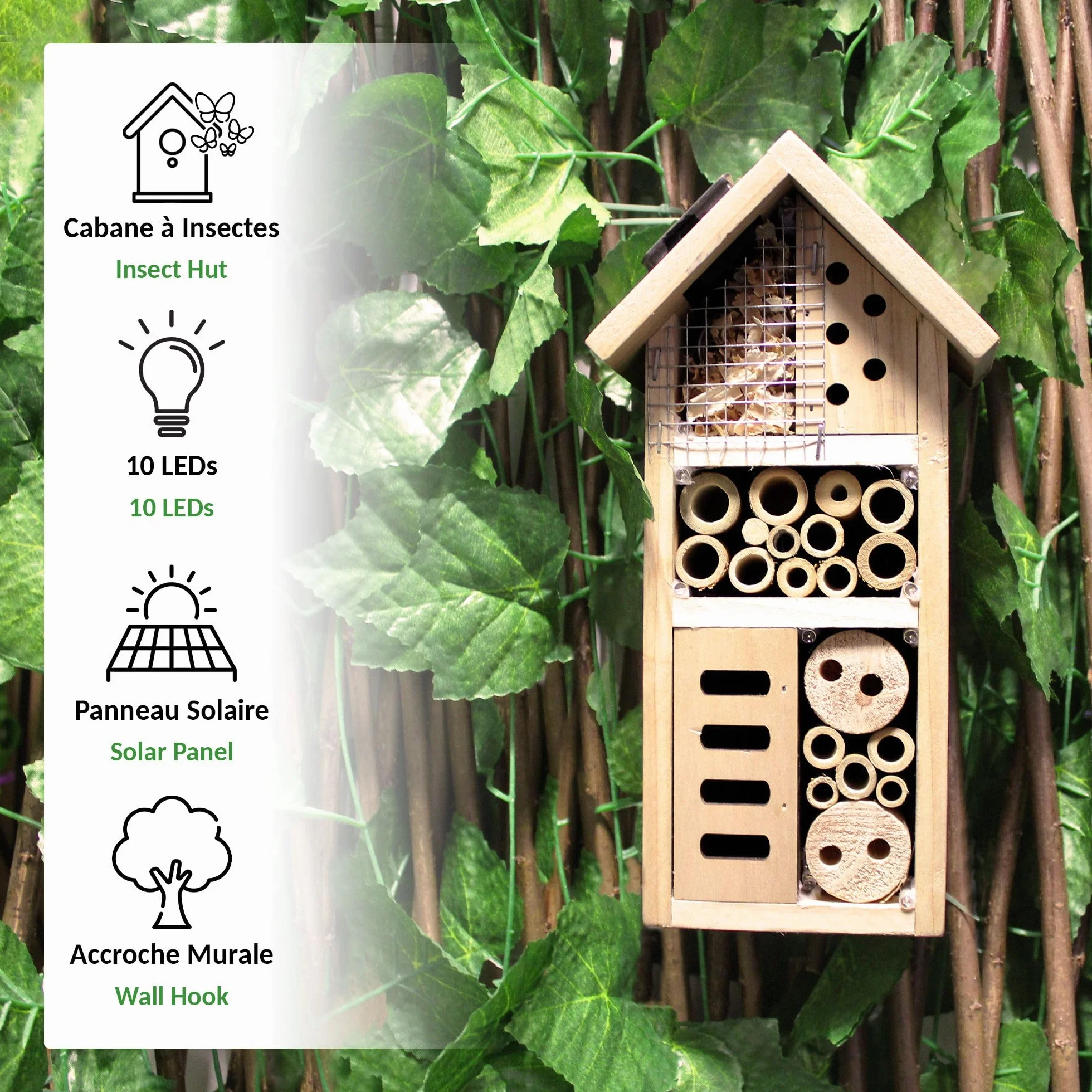 FISHTEC - Hotel de Insecto - Casa Solar de Madera - 10 LED Alimentados por Panel Solar - Madera de pino macizo - Para colocar o colgar - Refugio para todas las estaciones - Escarabajo, Mariposa,
