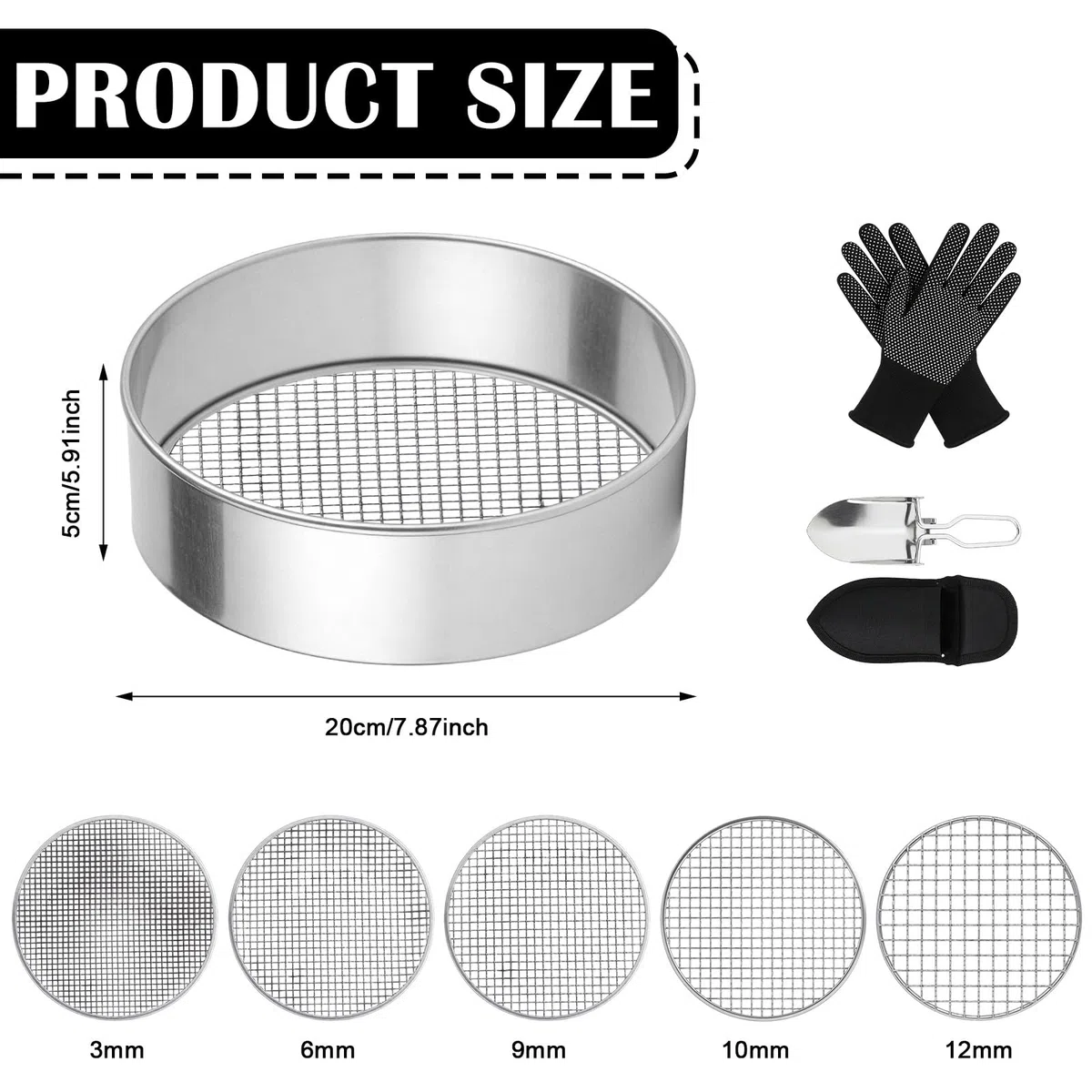 Colador de jardín de acero inoxidable, 5 en 1, colador de jardín redondo, 20 cm, con 5 tamices intercambiables de 3,6,9,10,12 mm de diámetro, colador de suelo duradero con guantes y pala, colador de