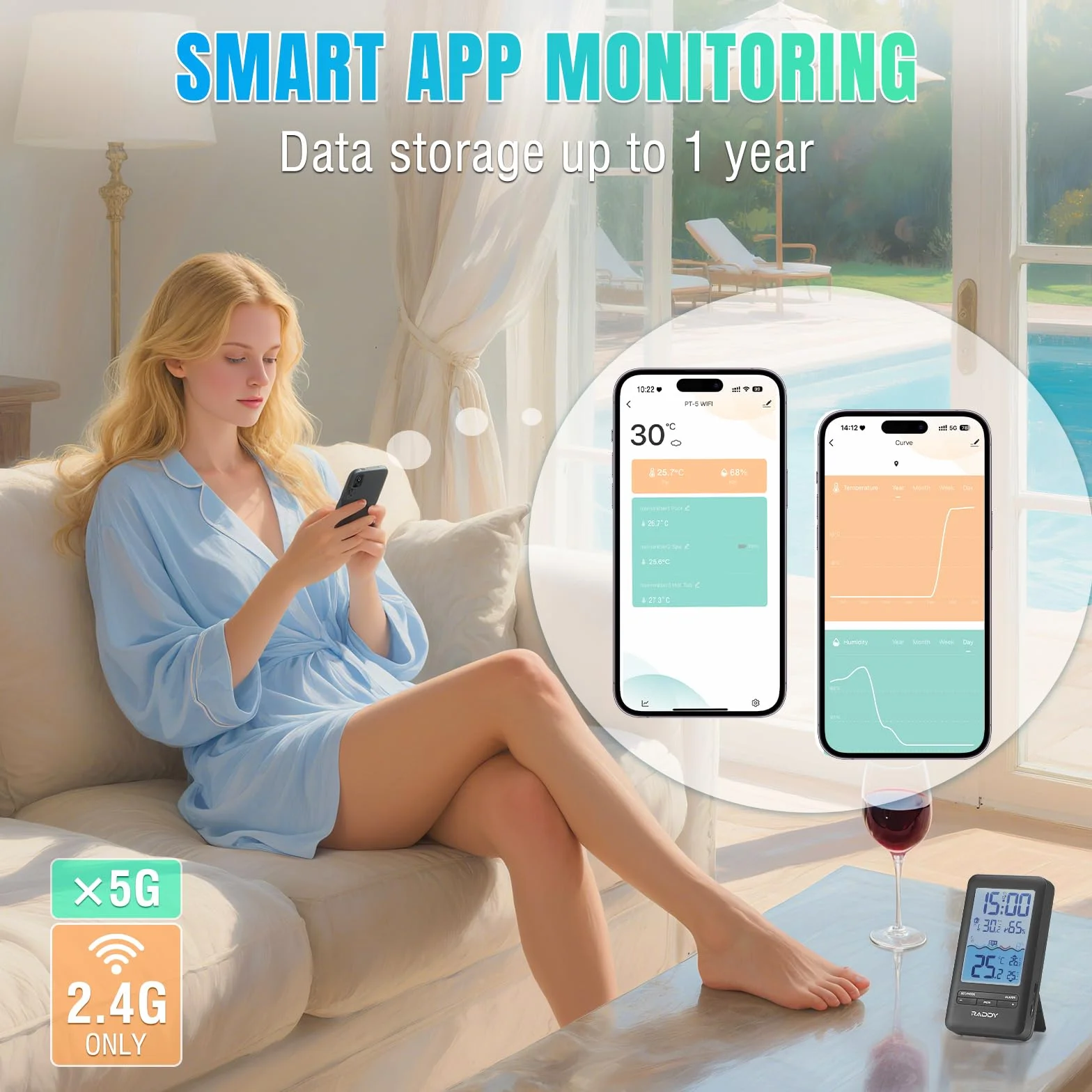 Raddy PT-5 WIFI Termómetro de piscina, Sensor flotante inalámbrico, consola interior, Monitoreo remoto por aplicación, IPX8, recargable con energía solar y USB-C, para piscina, jacuzzi