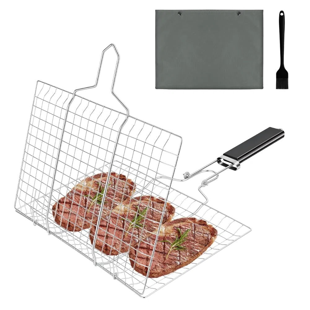 Cesta para Asar a la Parrilla, 304 Parrilla Acero Inoxidable para Asar con Bolsa y Cepillo, con Mango de Madera Desmontable, para Pescado, Carne, Verduras, Asado, Camarón, etc(33.5cm×22cm)
