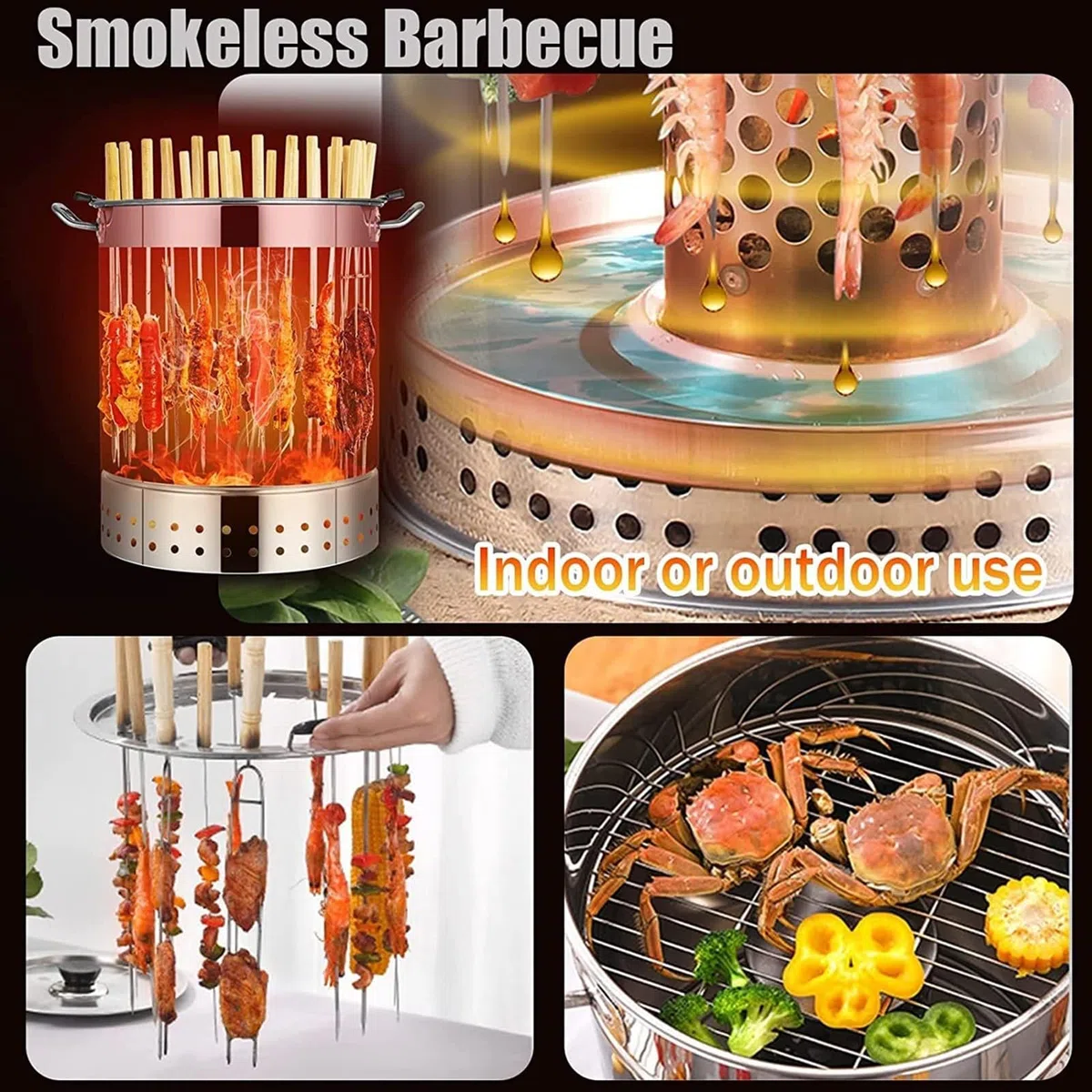 Parrilla para barbacoa interior sin humo, ahumador vertical portátil de carbón con estantes de acero inoxidable para acampar al aire libre y barbacoa de jardín