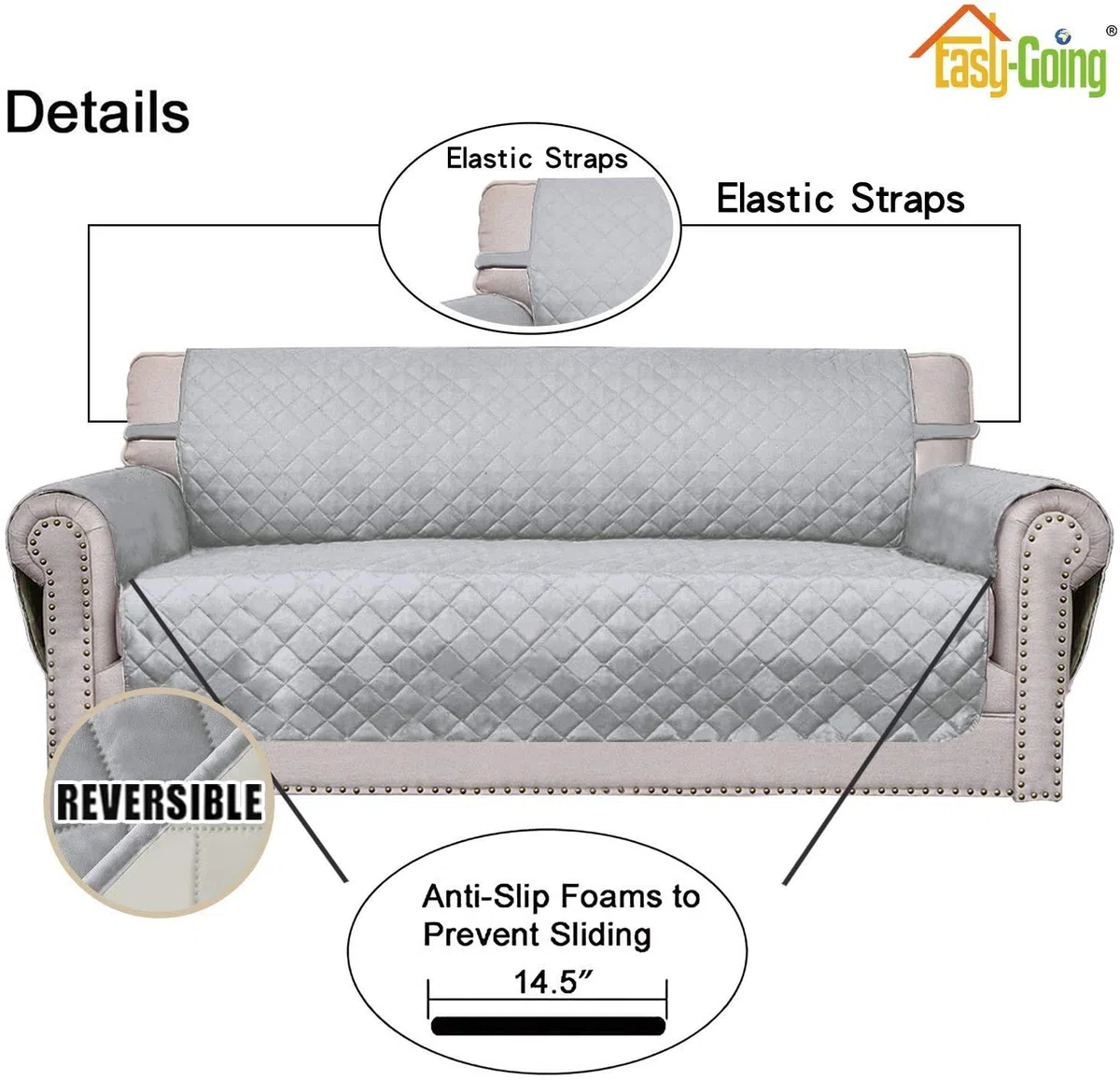 Easy-Going Funda Reversible sofá de 4 plazas, Resistente al Agua, con Tubos de Espuma y Correas elásticas, Protector de Muebles para Mascotas, niños, Perros, Gatos (XX-Grande, Gris Claro/Marfil)