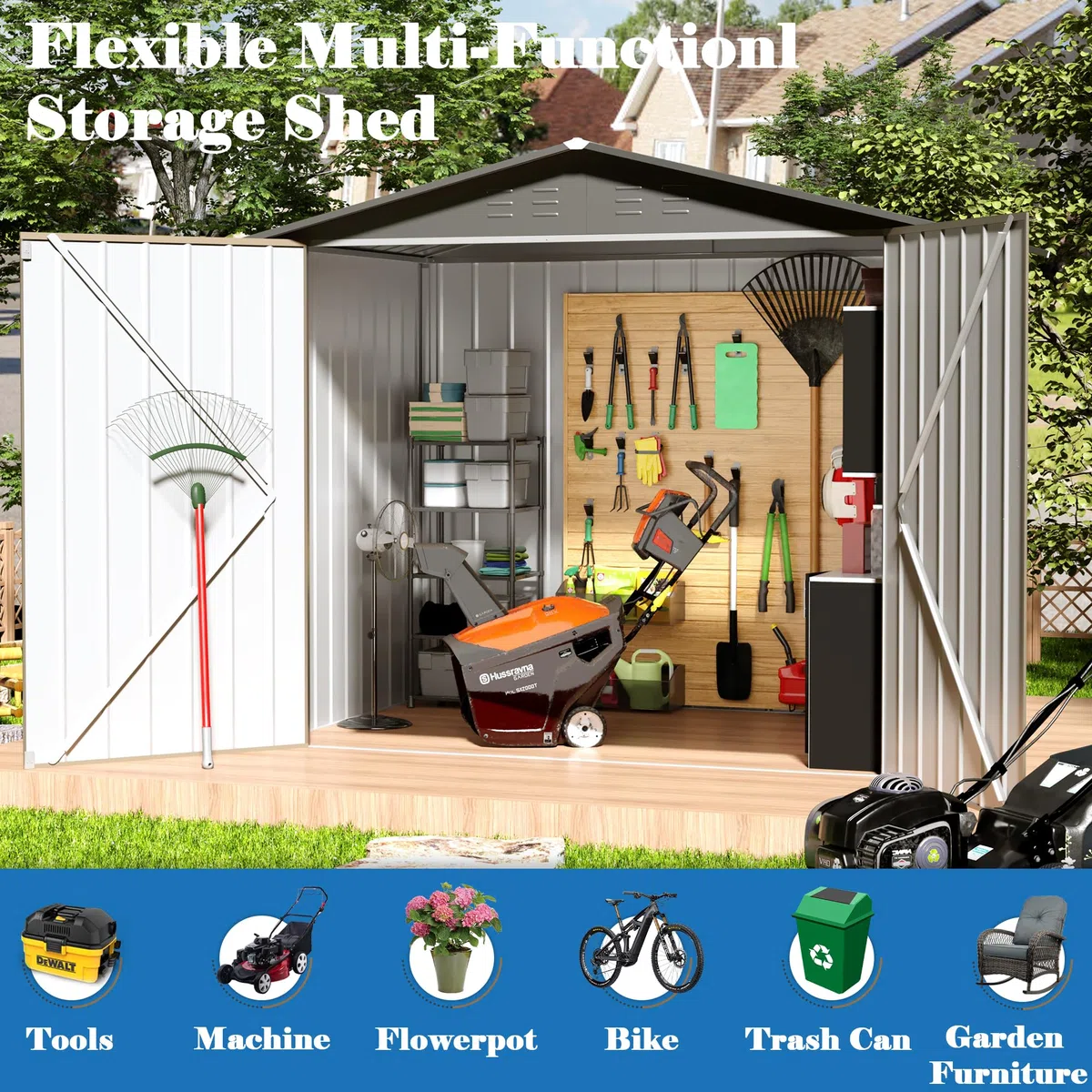 Cobertizo de almacenamiento para exteriores, cobertizo de almacenamiento de metal de 6 x 4 pies con estructura de marco actualizada y puertas con cerradura, cobertizo impermeable para patio,