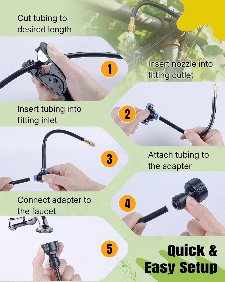 Pawfly Sistema de riego automático de jardín, riego por goteo ajustable 360°, kit de riego de 15 m con boquillas para invernadero, jardineras altas y huertos