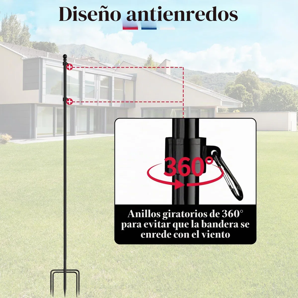 JAOGAUS Mastil Bandera, Mástiles de Bandera de Scero Inoxidable de Alta Resistencia para Suelo | con Estaca de 5 Puntas, para Jardín al Aire Libre.