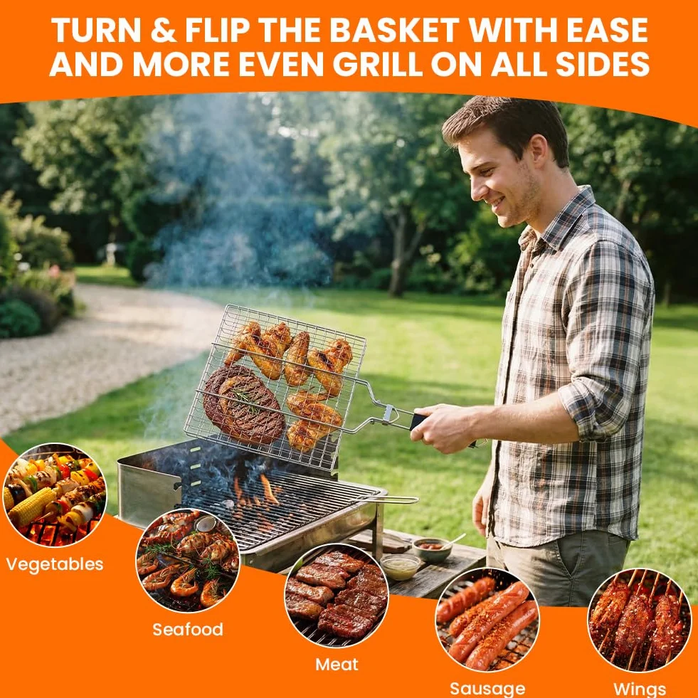 Cesta para Asar a la Parrilla, 304 Parrilla Acero Inoxidable para Asar con Bolsa y Cepillo, con Mango de Madera Desmontable, para Pescado, Carne, Verduras, Asado, Camarón, etc(33.5cm×22cm)