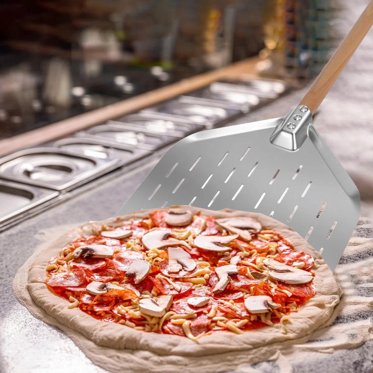 Pala Pizza Perforad, Profesional Pala Pizzas Perforada Acero Inoxidable, Soporte Superficie Grande, Fácil Deslizamiento Sobre Piedra Barbacoa Cocinar Pan, Mas Estable, Fácil Almacenar